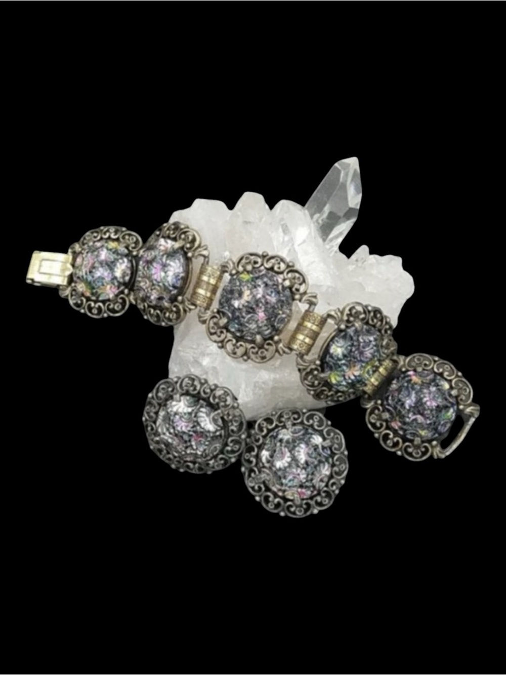 Vintage Judy Lee Carnival Glass Bracelet Earring Set